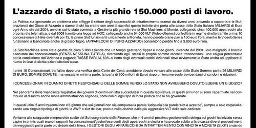 Sole24Ore. L’azzardo di Stato, a rischio 150mila posti di lavoro Sole24Ore. L’azzardo di Stato, a rischio 150mila posti di lavoro