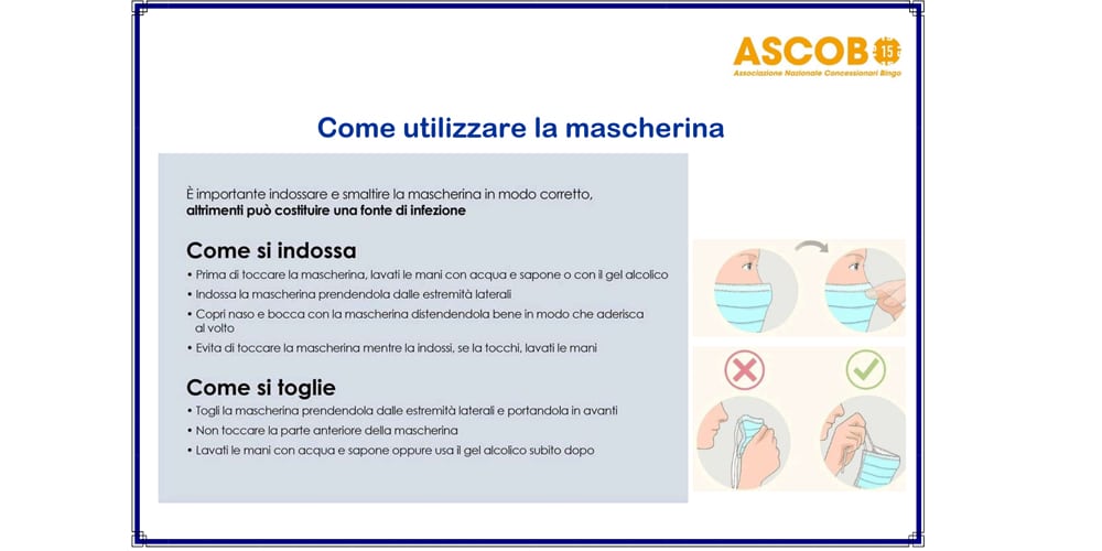 Covid-19, ASCOB ha siglato Protocollo sicurezza per riapertura Sale Bingo e Gaming Hall Mascherina Bingo