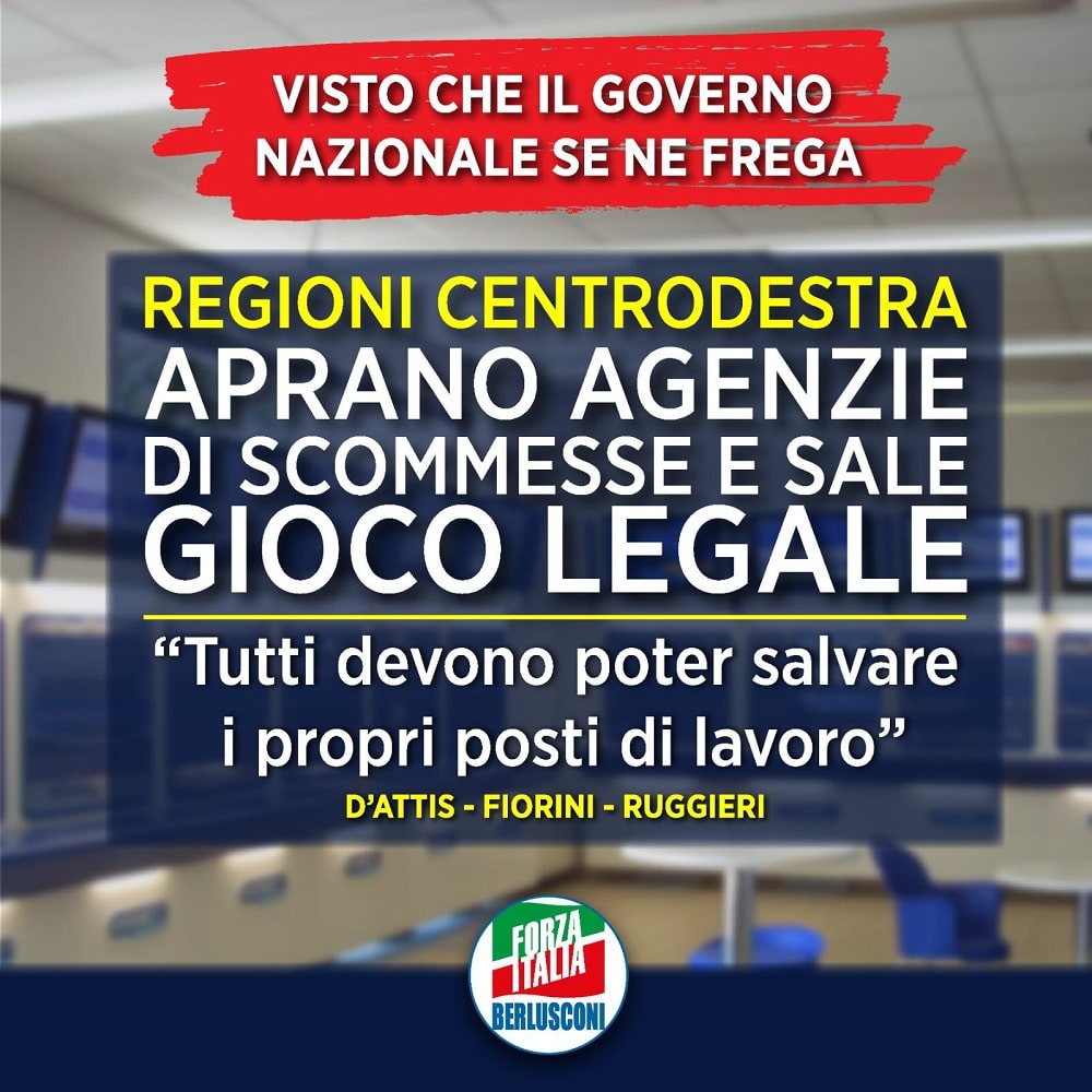 I deputati di Forza Italia Ruggieri, D’Attis e Fiorini: “Le Regioni di Centro Destra aprano le agenzie di scommesse e sale gioco legale” I deputati di Forza Italia Ruggieri, D’Attis e Fiorini: “Le Regioni di Centro Destra aprano le agenzie di scommesse e sale gioco legale”