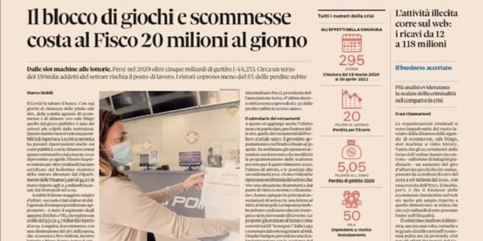 IlSole24Ore: “Lockdown per giochi e scommesse e un terzo degli addetti rischia il posto di lavoro” IlSole24Ore: “Lockdown per giochi e scommesse e un terzo degli addetti rischia il posto di lavoro”