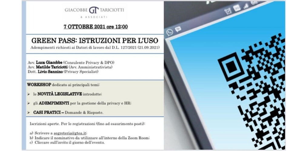 Green Pass e datori di lavoro: istruzioni per l’uso. Il 7 ottobre il webinar dello studio legale Giacobbe e Tariciotti Green Pass e datori di lavoro: istruzioni per l’uso. Il 7 ottobre il webinar dello studio legale Giacobbe e Tariciotti