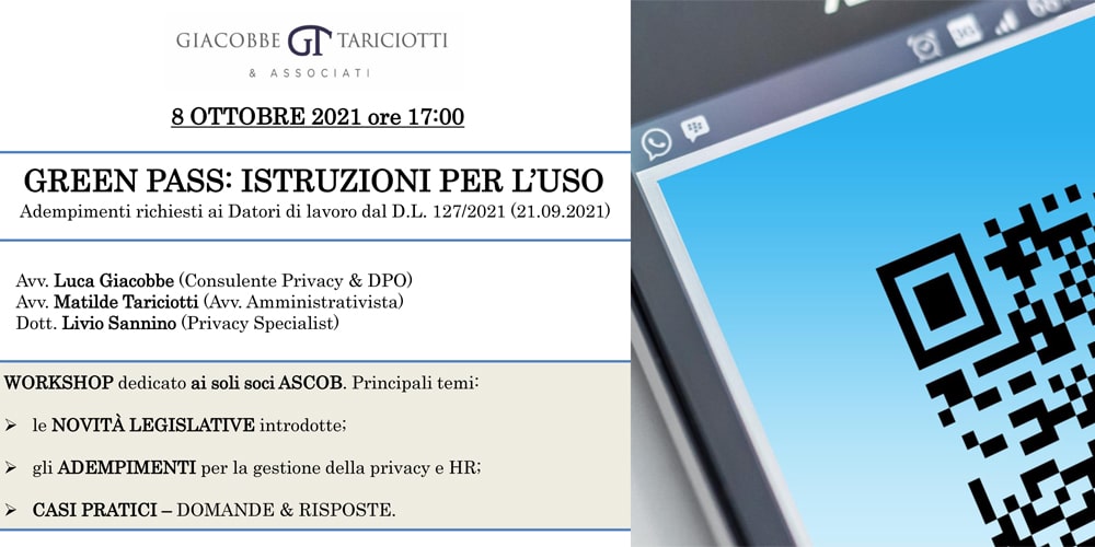 Green Pass: ASCOB e Giacobbe Tariciotti parlano degli adempimenti richiesti ai datori di lavoro Green Pass ASCOB