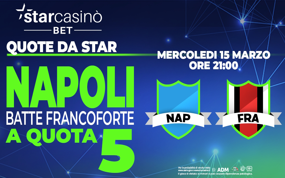 Scommesse calcio, Champions League: con Quote da Star la vittoria del Napoli contro l’Eintracht Francoforte paga 5,00 su StarCasinò Bet Scommesse calcio, Champions League: con Quote da Star la vittoria del Napoli contro l’Eintracht Francoforte paga 5,00 su StarCasinò Bet