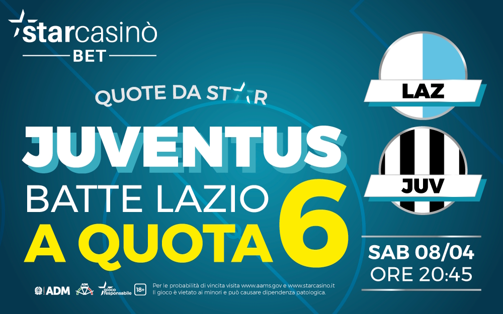 Scommesse calcio, Serie A: su StarCasinò Bet è attiva la promozione speciale dedicata a Lazio-Juventus, con Quote da Star la vittoria dei bianconeri è data a 6,00 Scommesse calcio, Serie A: su StarCasinò Bet è attiva la promozione speciale dedicata a Lazio-Juventus, con Quote da Star la vittoria dei bianconeri è data a 6,00